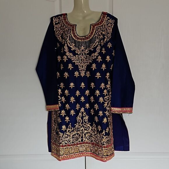 Indian Ladies Straight Kurta Dress With Long Sleeves Size Medium/Small Royal Blu - Picture 2 of 16